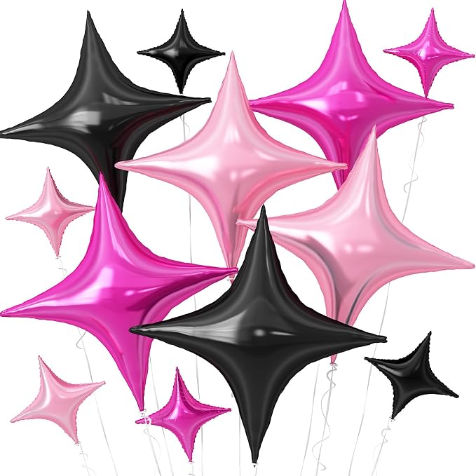 Hot Pink Black Star Balloons, 26Inch and 10Inch Black and Pink Quadrangle by Adorely