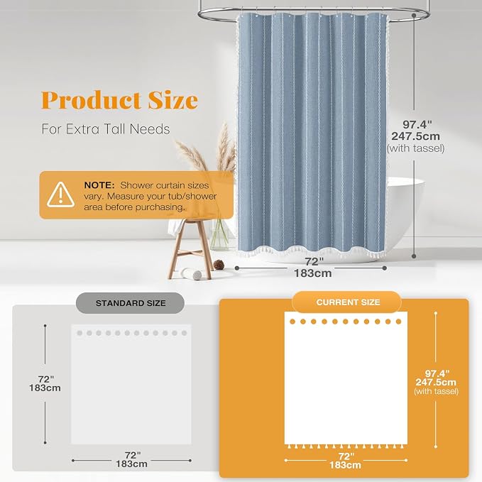 72x96 Extra Long Boho Linen Heavy Duty Cloth Shower Curtain Set, 330GSM Linen - Image 3