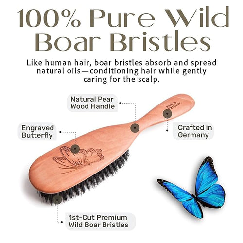 100% Wild Boar Bristle Hairbrush for Natural Healthy Hair, Medium Soft Tibet Bristles, Pear Wood Handle, Wooden Hair Brush for Fine or Thinning Hair, for Women & Men, Made in Germany's Black Forest