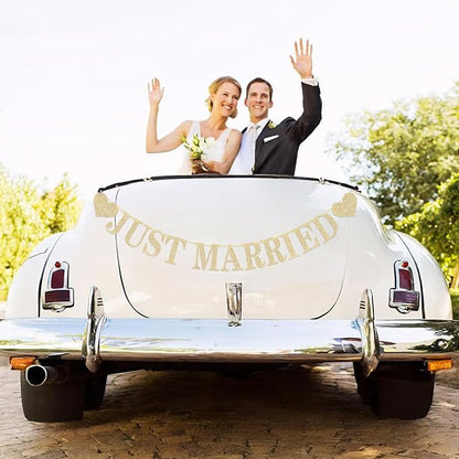 Pre-Strung Just Married Banner NO DIY Just Married Sign Gold Glitter | Wedding - Image 4
