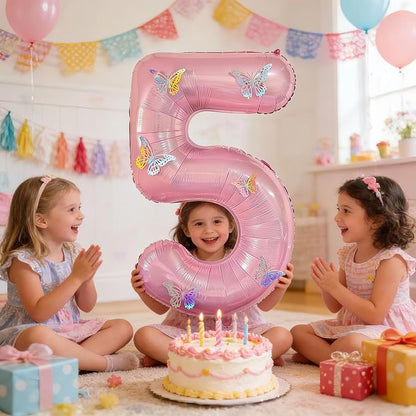 40 Inch Number Balloon Pink Large Mylar Foil Pink Number Balloons and Butterfly - Image 3