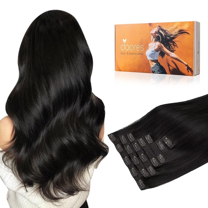 DOORES Clip in Hair Extensions, Natural Black 130g 9pcs 14 Inch, Virgin Human Hair Clip in Extensions Invisible Edge Natural Weft Gift for Girl