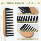 2 Pcs Bamboo Wide Tooth Comb Set - Wooden Wide Tooth Comb for Women, Anti-Static Detangling Hair Comb for Curly/Wet/Thick Hair with Bakelite Teeth