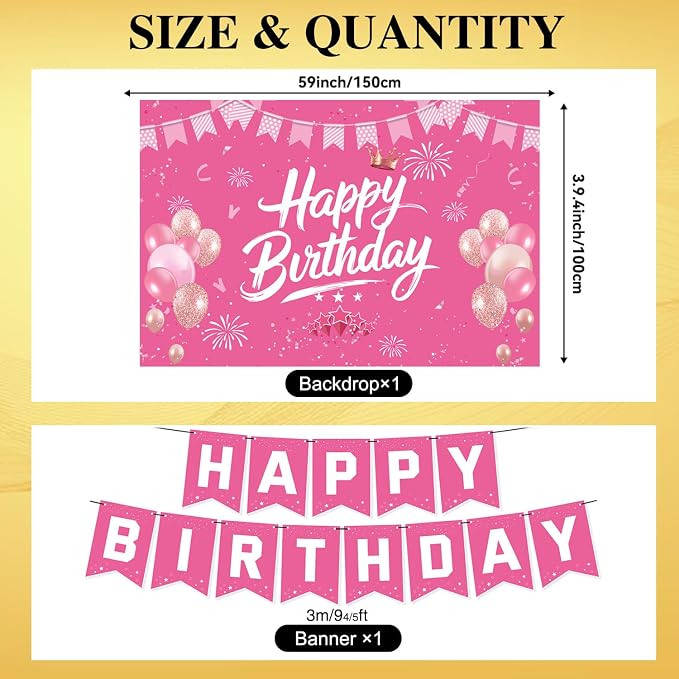 Pink Birthday Decorations for Women | Pre-Strung Happy Birthday Banner - Image 6