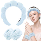 Zkptops Spa Headband for Washing Face Wristband Set Sponge Makeup Skin Care Terry Cloth Bubble Soft Get Ready Light Blue Hairband Women Girls Puffy Padded Headwear Non Slip Thick Hair Accessory