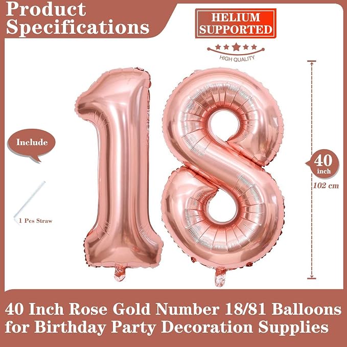 Rose Gold 18 Number Balloons, 40 Inch Giant Number 18 Balloons Foil Mylar - Image 2
