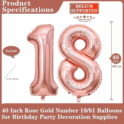 Rose Gold 18 Number Balloons, 40 Inch Giant Number 18 Balloons Foil Mylar - Image 2