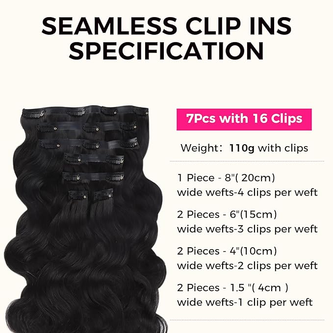 Lashey Seamless Clip in Hair Extensions Human Hair #1 Jet Black Body Wave 7pcs 110g 20 Inch Invisible PU Weft Human Hair Clip in Extensions for Women