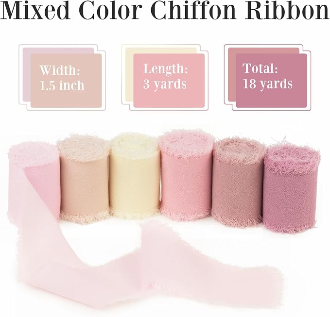 Pink Chiffon Ribbon 1.5 Inch x 3Yds Pastel Pink/Peach/Cream/Blushing Rose/Dusty - Image 2