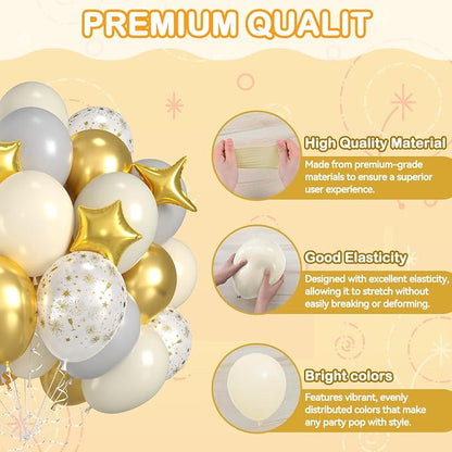 White And Gold Balloons, Fireworks Printed Balloon Star Foil Balloon - Image 3