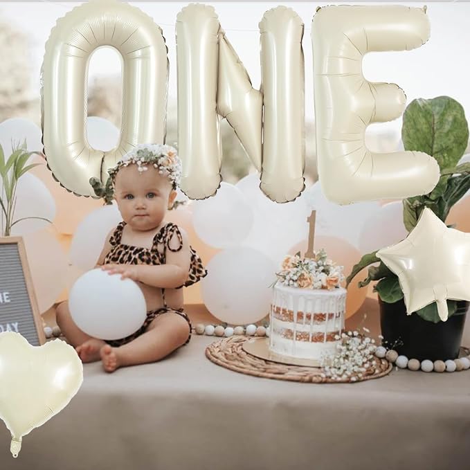 TONIFUL Cream ONE Balloons Banner, 40 Inch Cream White Letter ONE Foil Sign - Image 3