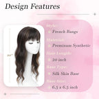 Hair Topper, 360° 3D Hair Toppers for Women with Thinning Crown, 20 Inch Long Wavy Curly Hair Pieces Clip in Bangs (Dark Brown Mixed Chestnut, 20 inch, French Bangs)