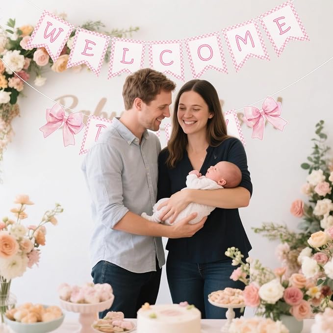 2pcs Welcome Baby Banner, Pre-Strung Pink Bow Welcome Baby Sign Hanging Banner - Image 6