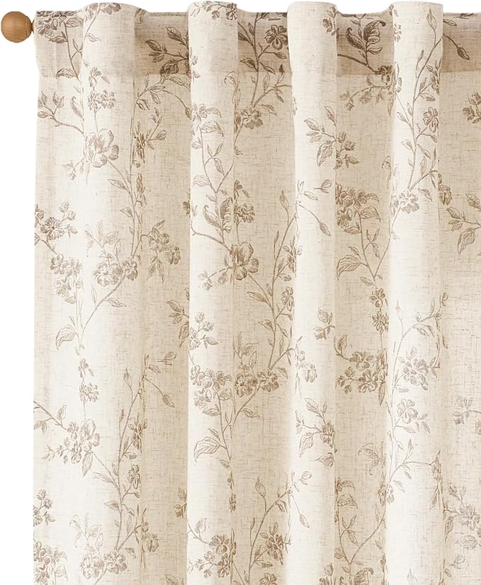 jinchan Taupe Floral Linen Curtains 84 Inch Farmhouse Back Tab 2 Panels | - Image 3