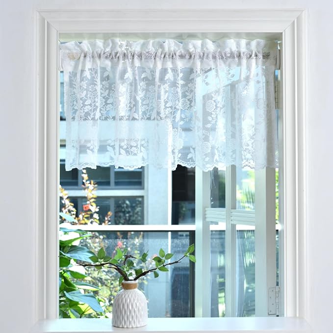 FINECITY White Lace Valance for Kitchen Window W52 x L18 Inch 1 Panel | Rod - Image 2