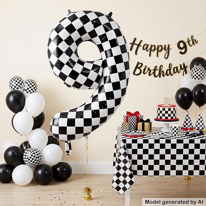 40" Checkered Number 9 Balloon for 9th Race Theme Birthday Party Supplies | 40 - Image 3