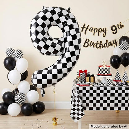 40" Checkered Number 9 Balloon for 9th Race Theme Birthday Party Supplies | 40 - Image 3