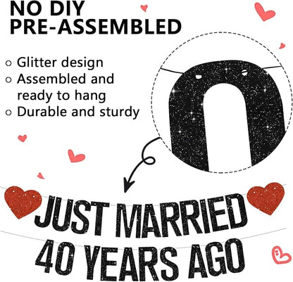 Black Glitter Just Married 40 Years Ago Banner, NO DIY, Pre-Strung 40th Wedding - Image 2