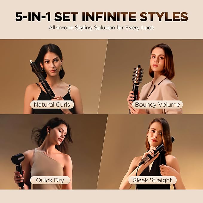 O.H.B 5 in 1 Hot Air Hair Styler, 110,000 RPM High Speed Hair Dryer Brush, Ionic Air Styler Wrap with Fast Drying, No Heat Damage Air Multi Styler for Volumize, Curl, Straighten for Travel, Black Gold