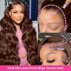 abbildung 34inch Chocolate Brown Lace Front Wig Human Hair 13x6 HD Transparent Body Wave Lace Front Wigs Human Hair Pre Plucked Glueless Frontal Brown Wig Human Hair 180% Density #