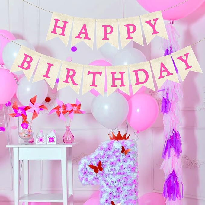 HotPink Happy Birthday Banner Pre-strung Burlap Bunting Party Backdrop Sign - Image 6