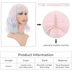 FAELBATY Mix Pink Wave Bob Wigs With Bangs Synthetic Cosplay Wig for Girl Shoulder Length Wig for Women Costume Wigs Candy Color(12" Mixed Blue Pink)