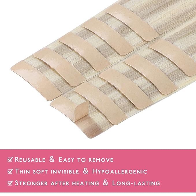 WENNALIFE Tape in Hair Extensions Human Hair Ash Blonde Highlighted Platinum Blonde Tape in Extensions, 10pcs 25g 18 inch Remy Invisible Tape Ins Straight Soft Real Human Hair Tape in Extensions