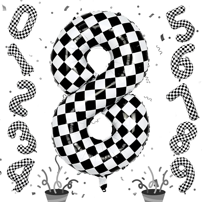 Foil 8th Birthday Number Balloon, Large Checkered Helium 8 Racing Balloons Decor by Isndare
