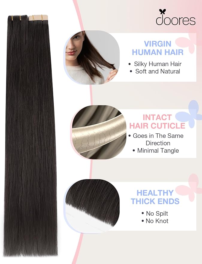DOORES Invisi Edge Tape in Hair Extensions Human Hair, Natural Black 10 Injection Tape-ins with 10 Classic Tape-ins 50g 22 Inch, Injection Tape in Extensions Virgin Human