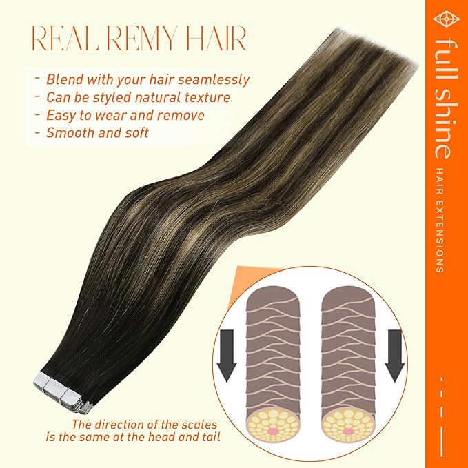 Full Shine Tape in Extensions 20 Inch Real Human Hair Tape in Extensions 1B Off Black Fading to 27 Honey Blonde and Off Black 50G Remy Seamless Adhesive Hair Extensions 20Pcs Add Volume