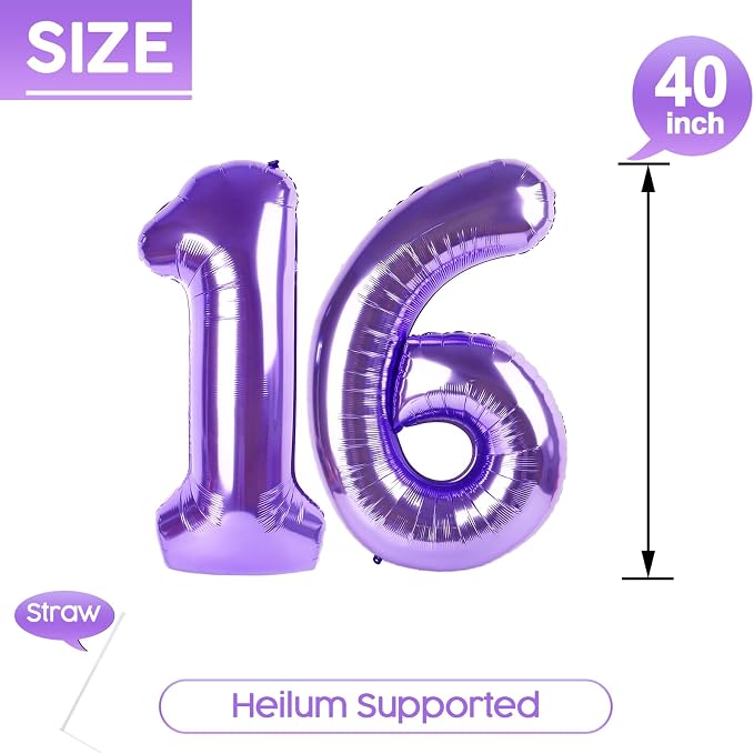 16 Balloon - Purple Birthday Number Balloons, 40 Inch Decorations Men Women | - Image 5