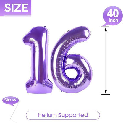 16 Balloon - Purple Birthday Number Balloons, 40 Inch Decorations Men Women | - Image 5