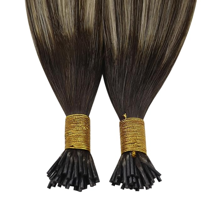 YoungSee Itip Human Hair Extensions Balayage I Tip Hair Extensions Ombre Dark Brown with Ash Blonde I Tips Hair Extension Real Human Hair 80s 50g I-Tips Extension Silky Straight 16Inch