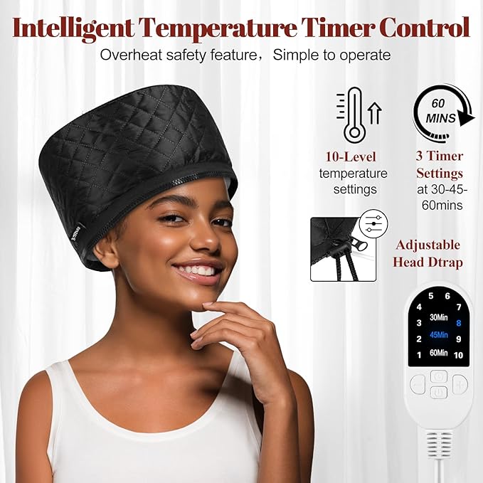 Hair Steamer for Deep Conditioning: Upgraded Heat Cap with 118” Power Cord 10-Level Fast Heating 3 Time Settings for Natural Hair Portable Thermal Steam Cap for Home Hair Treatment