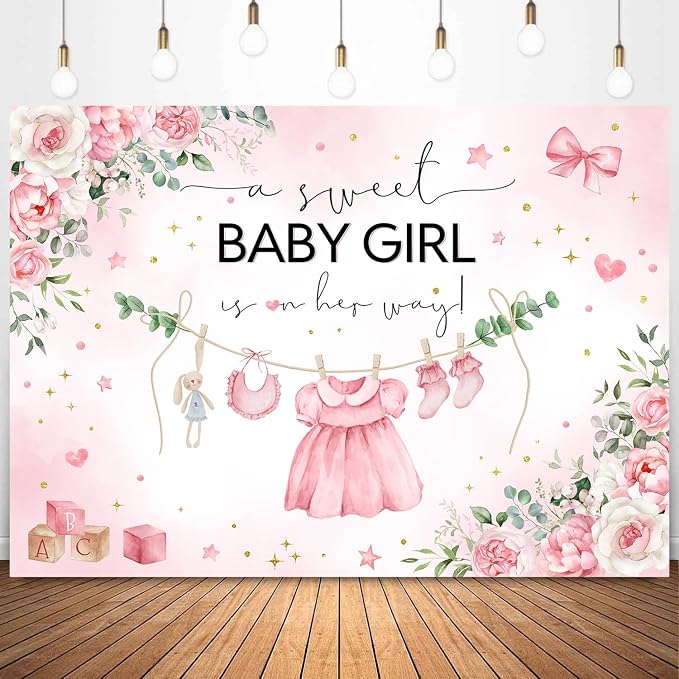 InMemory Pink Baby Shower Backdrop Oh Baby Clothes Welcome Newborn Party by InMemory