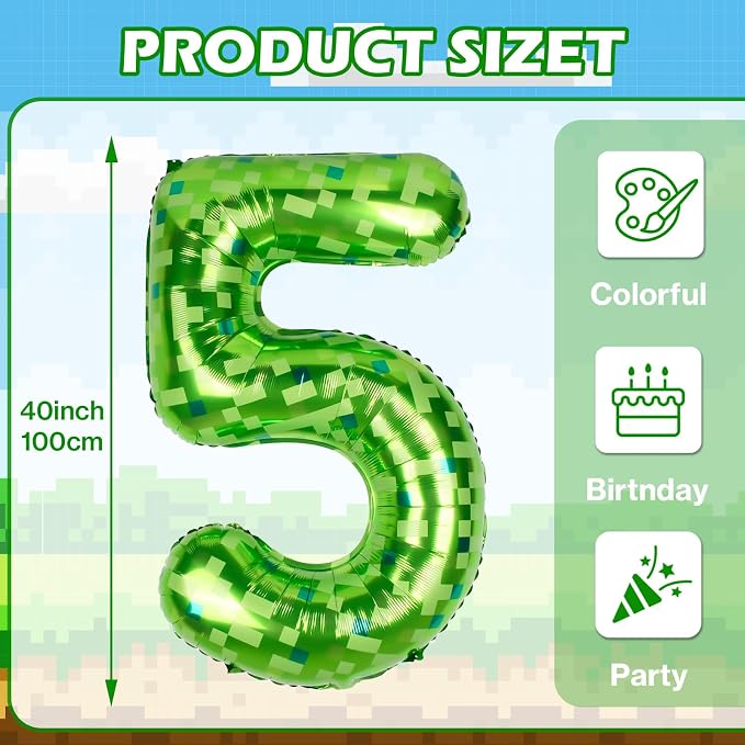40 Inch Giant Green Pixel Miner Theme Number Balloons 40 Inch Foil Party - Image 2