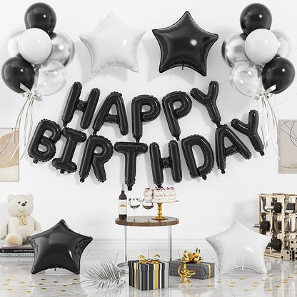 29PC Black Happy Birthday Balloon Banner, 16 Inch 3D Aluminum Letter Banner Sign by Paready