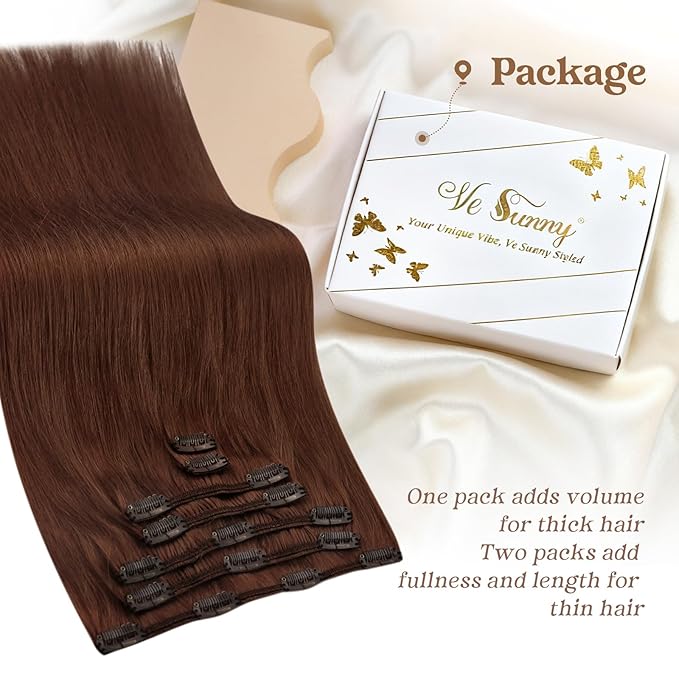 Ve Sunny Clip in Extensions Real Human Hair Dark Auburn Red Hair Clip in Extensions Straight Hair Extensions Real Human Hair Full Head 7pcs 120g 20 inch