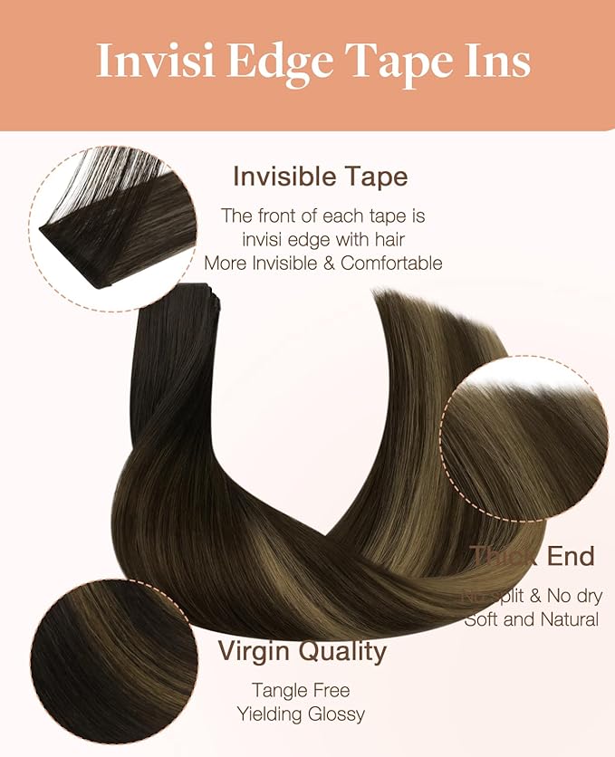 GOO GOO Invisi Edge Tape in Hair Extensions Human Hair, 2/6/2 Balayage Dark Brown to Chestnut Brown 10pcs injected with 10pcs classical tape ins, 18inch 50g, Virgin Remy Hair, Natural Look
