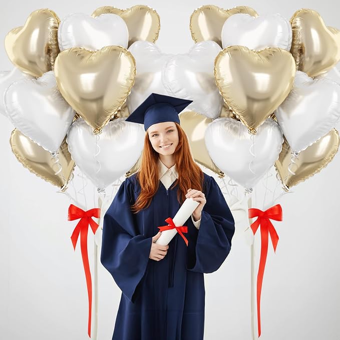 Gold White Foil Heart Balloons, 18 Inch 10 Pcs Pastel Yellow White Foil Heart - Image 5