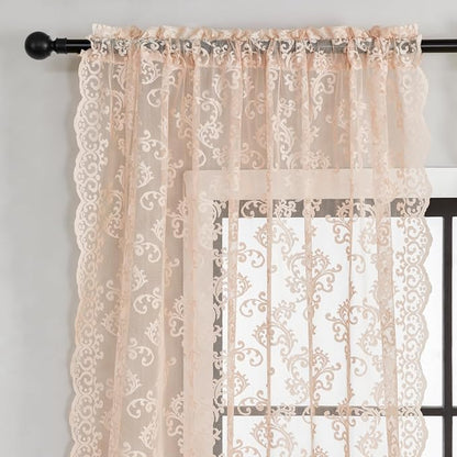 Blush Pink Lace Curtains 72 Inches Long 2 Panels Vintage French Floral Sheer - Image 3