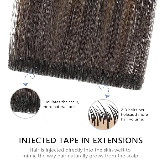 COOKAYU Invisi Edge Tape in Hair Extensions Real Human Hair Seamless Injected Tape Ins 14Inch 20pcs 30g Natural Black to Medium Brown and Caramel blonde Extensions