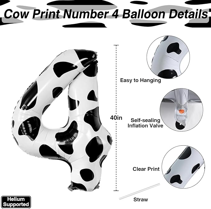 40 Inch Cow Print Number 4 Balloon, Large Black & White Mylar Foil Balloons - Image 3