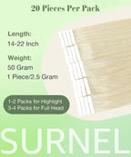 SURNEL Tape in Hair Extensions Human Hair #60 Platinum Blonde Tape in Hair Extensions 14inch 20pcs 50g(#60-14)