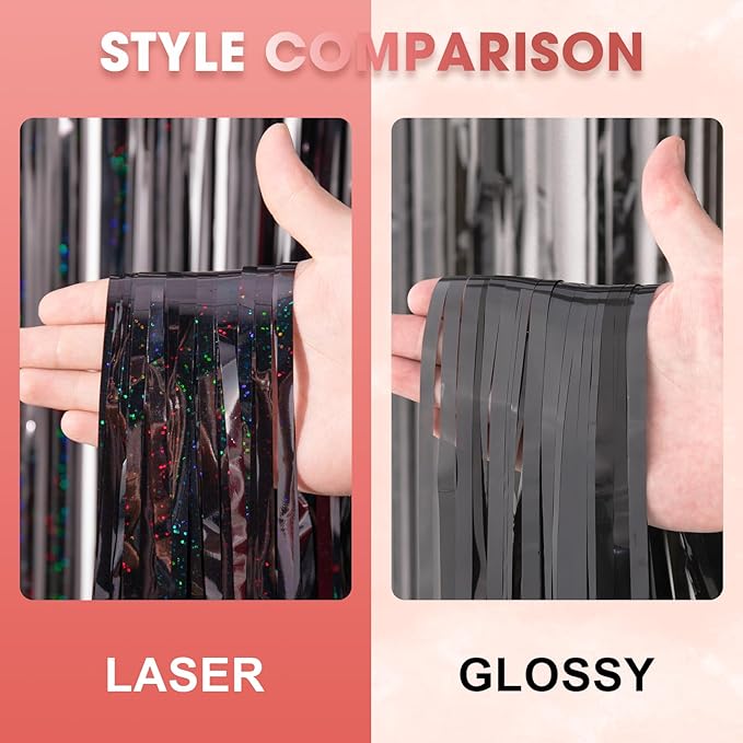 Voircoloria Laser Black Foil Fringe Backdrop Curtains, 2 Pack | Tinsel Streamers - Image 3