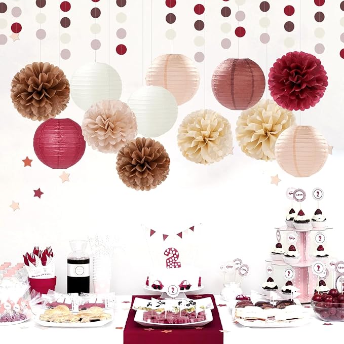 Burgundy-Brown Champagne Party-Decorations Paper-Flowers Lanterns - Image 2