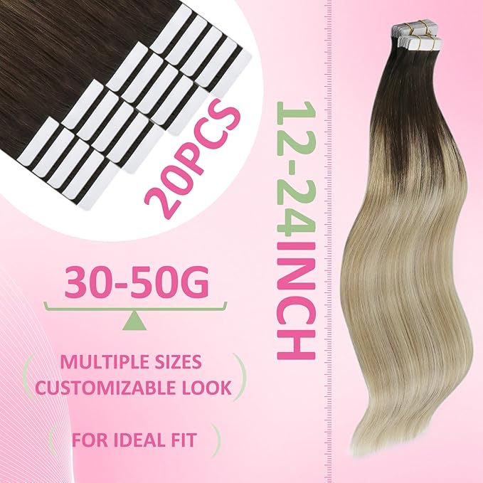 YoungSee Human Hair Tape in Extensions Ombre Real Hair Extensions Tape ins for Women Balayage Dark Brown to Blonde Tapes Hair Extension Real Human Hair Silky Straight 18In 20pcs 50g