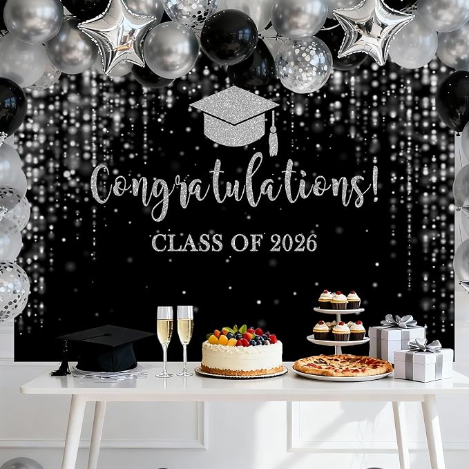 Mocsicka Class of 2026 Backdrop Black Silver Glitter Bokeh Graduation Party - Image 2
