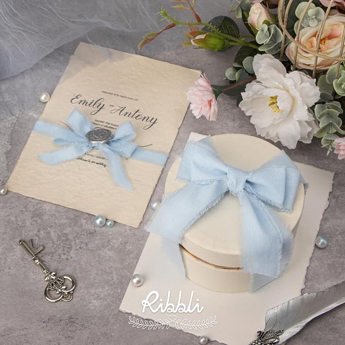 Ribbli 3 Rolls Light Blue Ribbon 5/8 Inch x 18Yards Handmade Cotton Frayed - Image 3