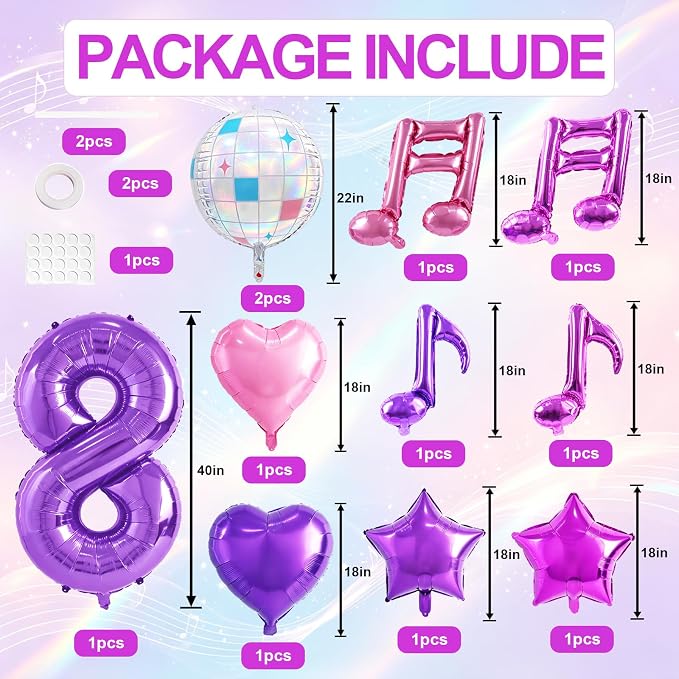 TONIFUL Girl‘s Purple Pink Music Themed 8th Birthday Decorations | 40 Inch - Image 2